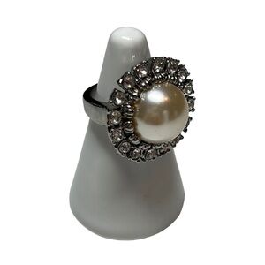 Faux Pearl and Rhinestone Silver Tone Ring Statement Chunky Domed Night Out